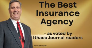 Gold background with The Best Insurance Agency - as voted by Ithaca Journal Readers, Jay True, owner in black letters. Featuring a photo of Jay True wearing a grey suit with a white dress shirt and red and black tie.